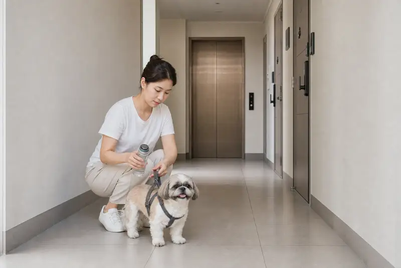 시츄와 함께 현관에서 엘리베이터와 산책로 이동을 준비하는 장면