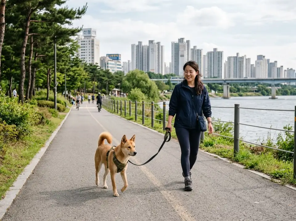 하네스와 리드줄로 안전하게 산책하는 진돗개