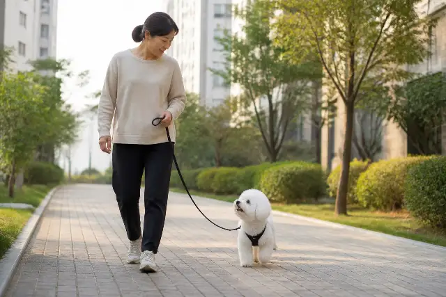 아파트 단지 산책에서 보호자를 바라보는 비숑 프리제