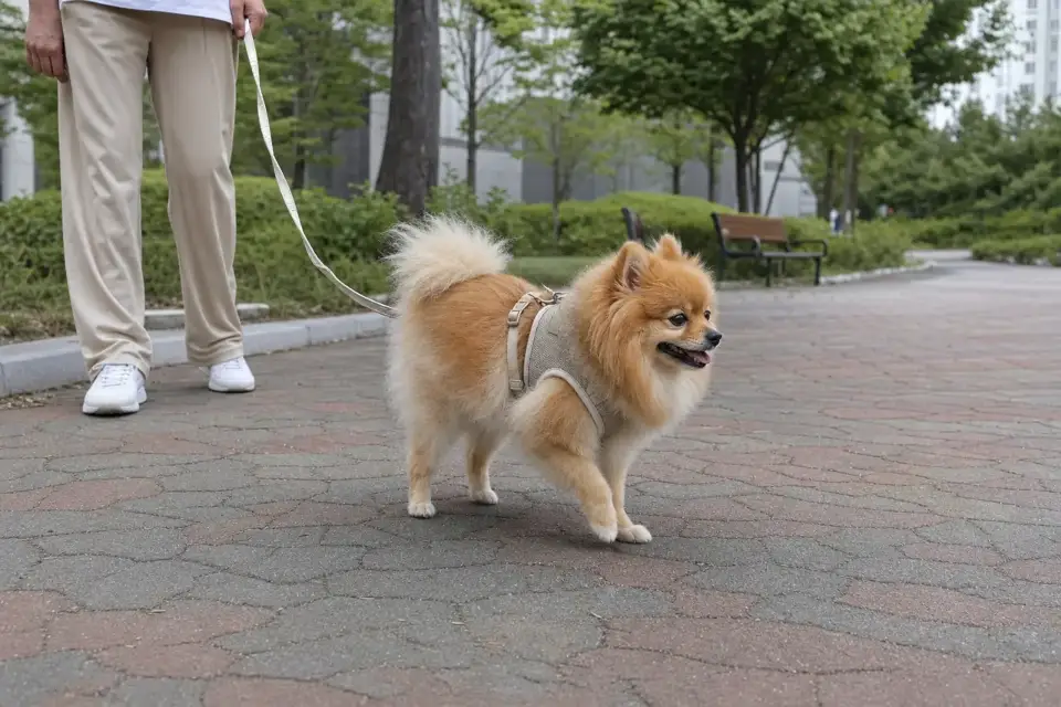 한국 아파트 단지 산책로에서 하네스를 착용하고 걷는 포메라니안