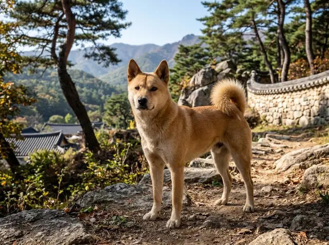 공원 산책로에 자연스럽게 선 진돗개
