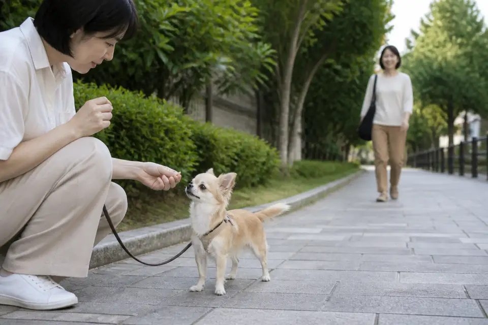 보호자에게 집중하며 보상 기반 사회화를 연습하는 치와와