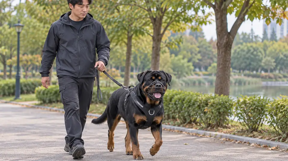 야외 평지에서 활기차게 산책하며 운동하는 모습