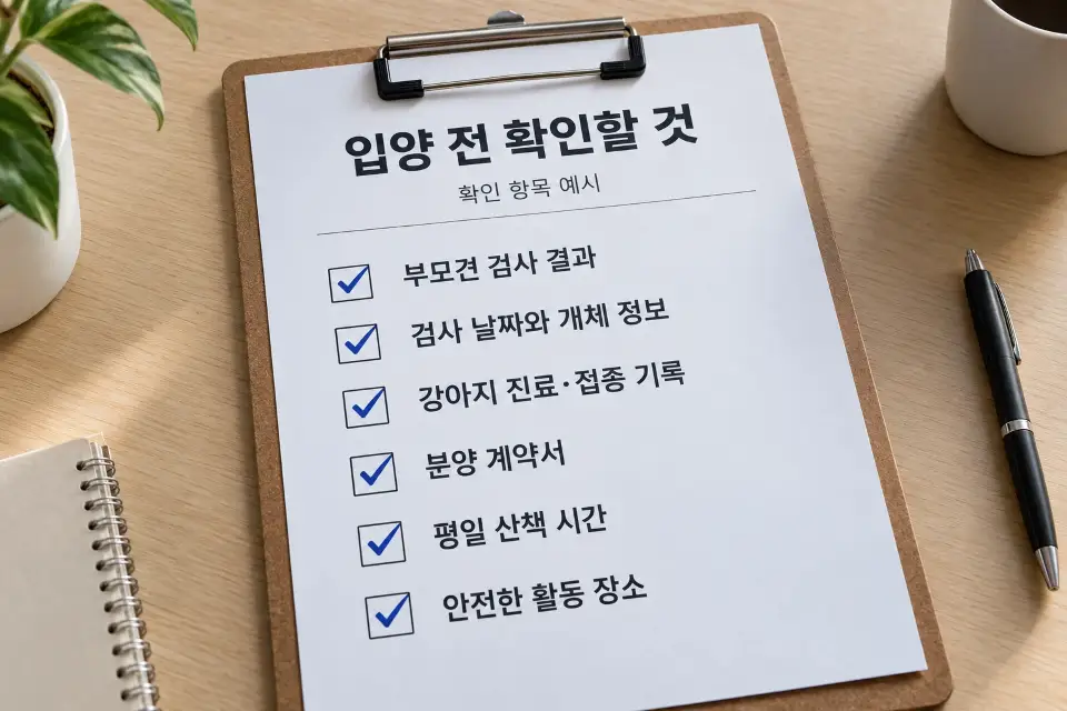 부모견 검사 결과와 강아지 기록 등 여섯 입양 확인 항목이 적힌 AI 생성 체크리스트