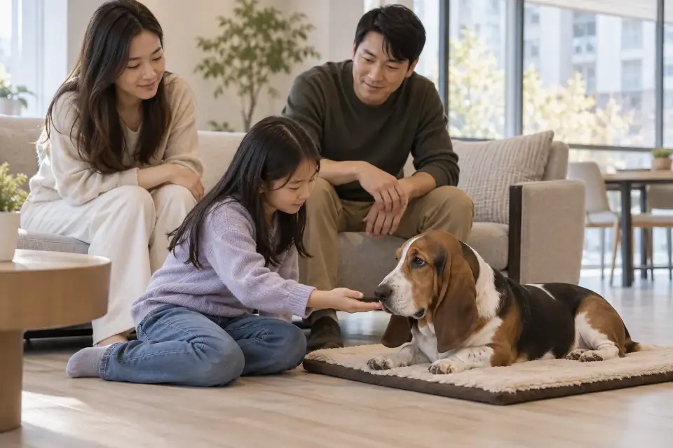 테라스 그늘에서 성인 보호자 곁에 편안히 쉬는 바셋 하운드
