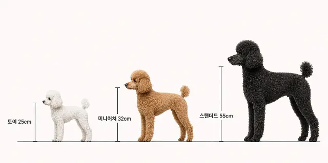 토이·미니어처·스탠더드 푸들의 대표 체고 25cm·32cm·55cm 비교