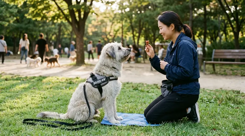 보호자와 긍정 강화 사회화 교육을 진행하며 신뢰와 집중을 보이는 삽살개의 표정과 눈빛