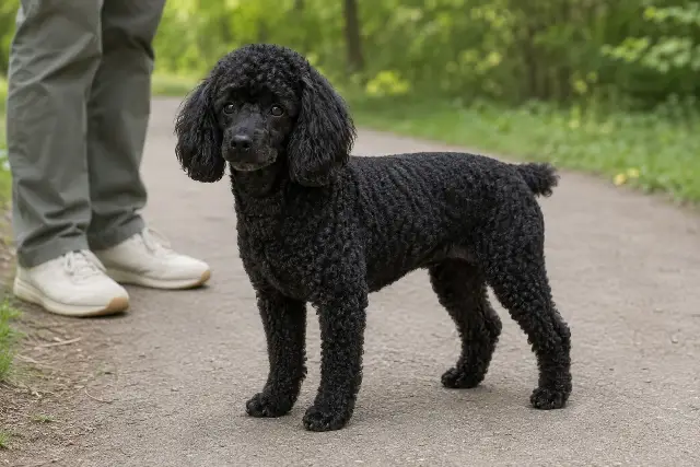 공원 산책로에 편안히 서 있는 검은색 미니어처 푸들 성견