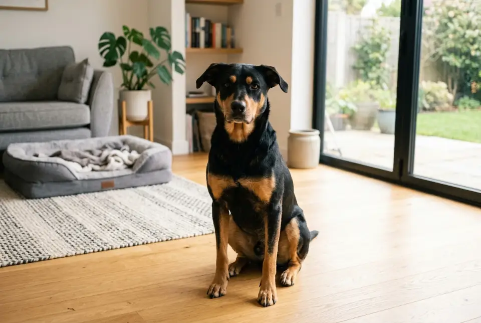 실내 거실에서 차분하게 휴식을 취하며 보호자와 교감하는 모습
