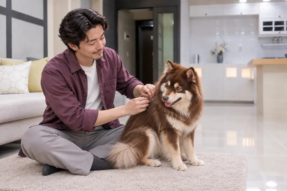 피니시 라프훈드의 어깨 털을 보호자가 손끝으로 부드럽게 나누어 살피는 모습
