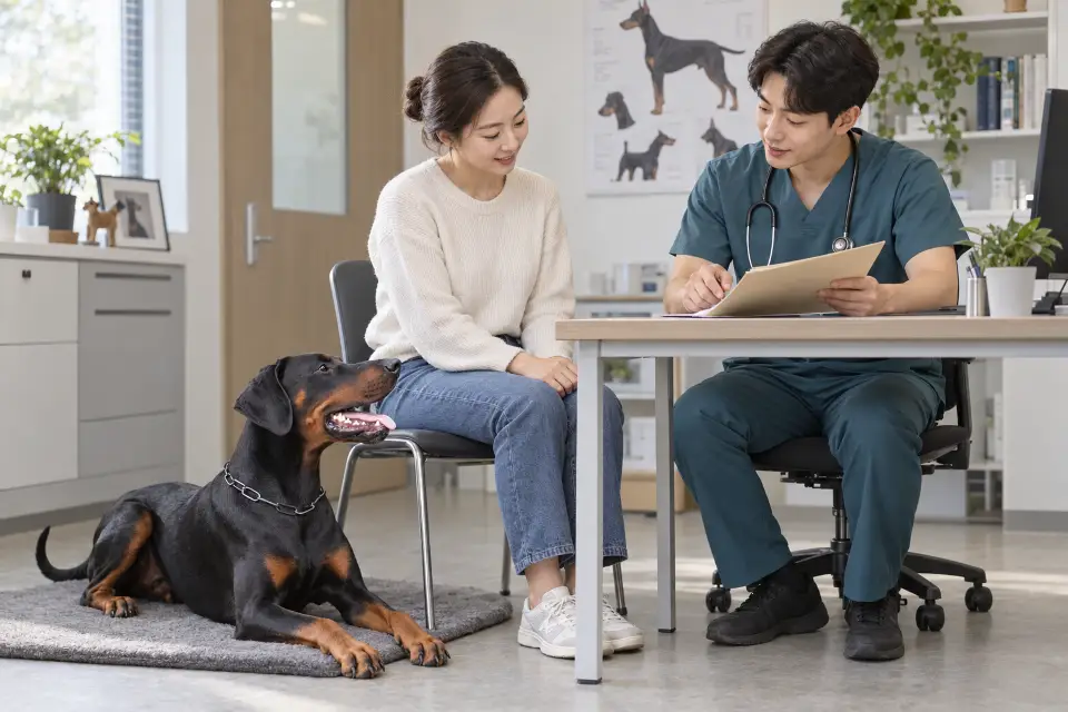 도베르만이 곁에서 쉬는 동안 보호자와 수의사가 진료 기록을 함께 살펴보는 모습