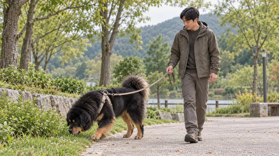 하네스와 산책줄을 연결한 티베탄 마스티프가 보호자와 걷다가 길가 냄새를 살핀다.
