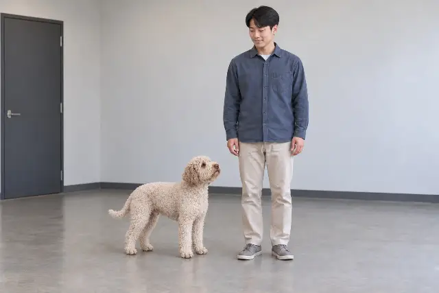 성인 보호자와 같은 바닥에 나란히 선 미색 곱슬털 라고토 로마뇰로 성견의 전신