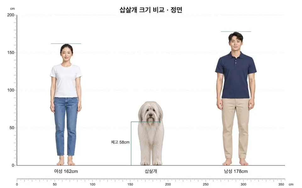 삽살개 정면 크기 비교: 여성 162cm, 개 체고 58cm, 남성 178cm