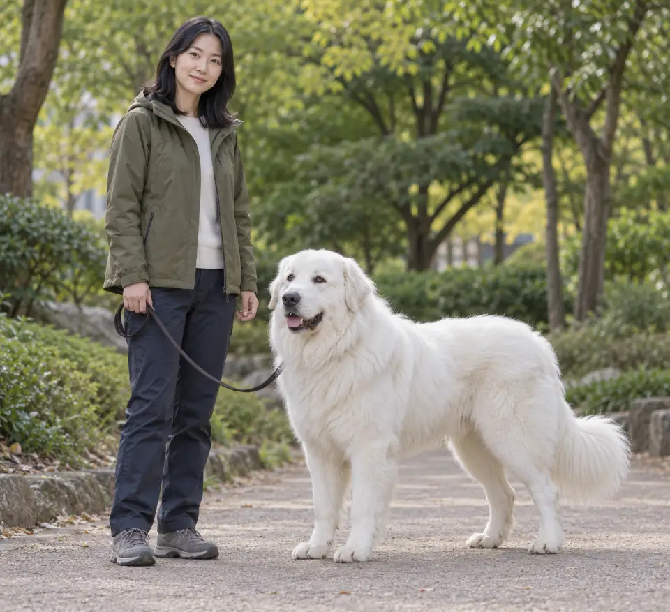 풍성한 흰 털과 황갈색 눈, 작은 내린 귀를 가진 성견 피레니안 마운틴 도그가 성인 보호자 옆에 서 있다.