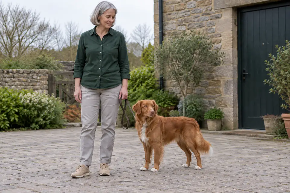 같은 평지에 나란히 선 붉은 주황색 성견 톨러와 보호자