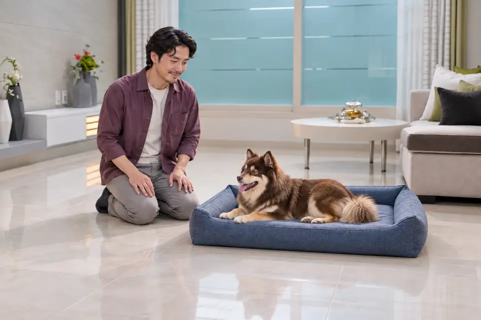 몸을 편히 누인 피니시 라프훈드와 주변의 열린 공간을 살피는 보호자