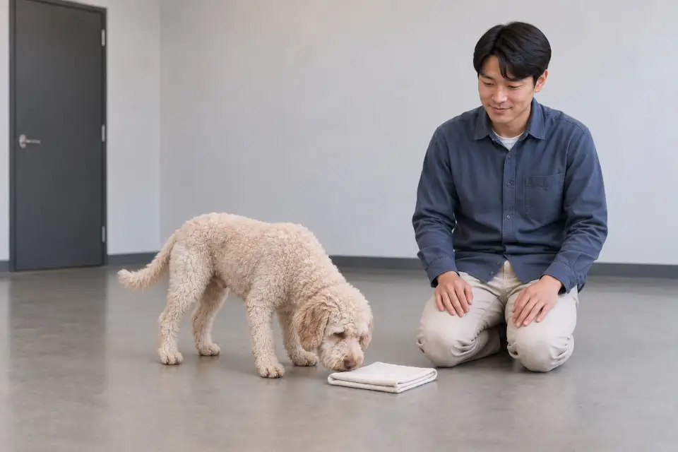 조용한 활동실 바닥의 천에 코를 가까이 대는 라고토 로마뇰로와 곁에서 지켜보는 보호자