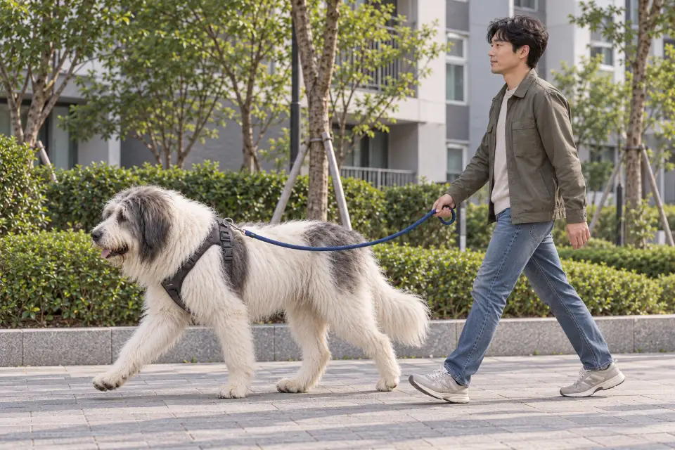 아파트 보행로에서 보호자와 산책 줄로 연결되어 걷는 루마니안 미오리틱 셰퍼드의 옆모습