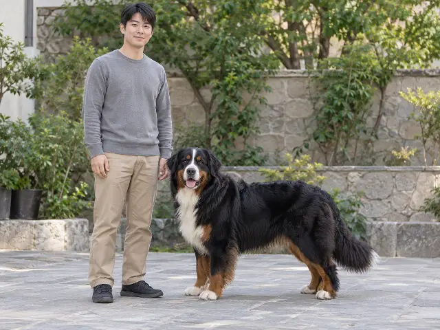 같은 바닥에 나란히 선 회색 상의 성인 남성과 긴 삼색 털의 버니즈 전신