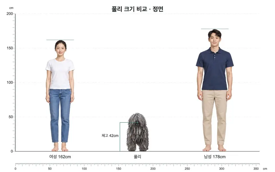 풀리 정면 크기 비교: 여성 162cm, 개 체고 42cm, 남성 178cm