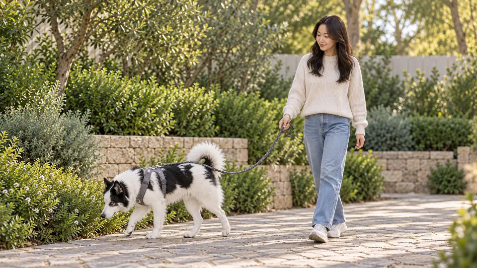 보호자가 하네스에 연결된 줄을 잡고 야쿠티안 라이카와 조용한 길에서 걷는다.