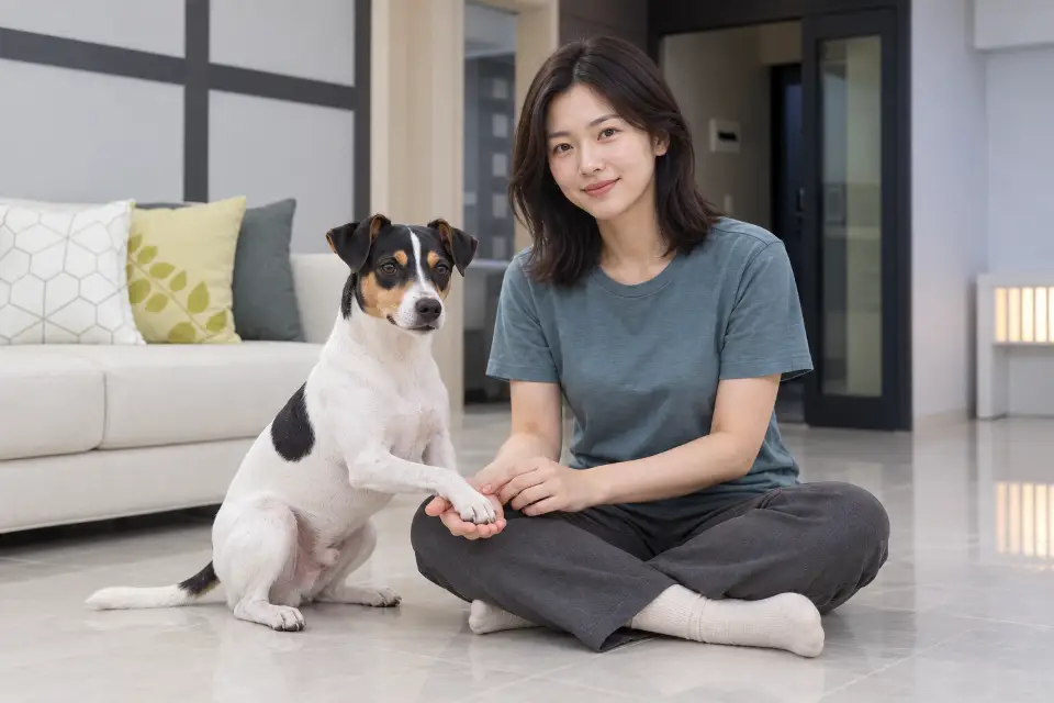 편안히 앉은 브라질리안 테리어의 앞발을 보호자가 가볍게 살펴보는 모습