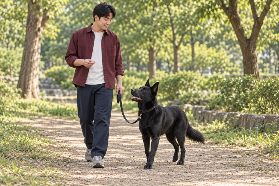 느슨한 산책줄을 착용한 켈피가 공원길에서 보호자를 돌아본다.