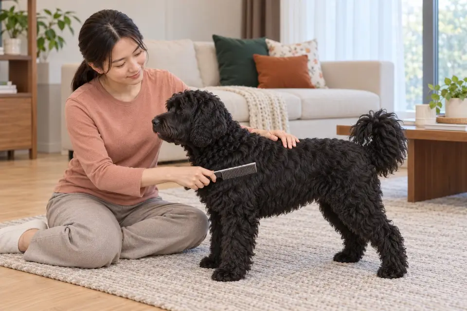 포르투기즈 워터 도그의 검정 물결털에 빗을 부드럽게 대는 보호자의 손과 빗 접촉 부분