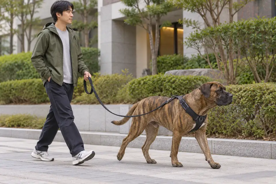 동네 보행로에서 보호자와 느슨한 산책 줄을 연결한 채 걷는 시마론 우루과요