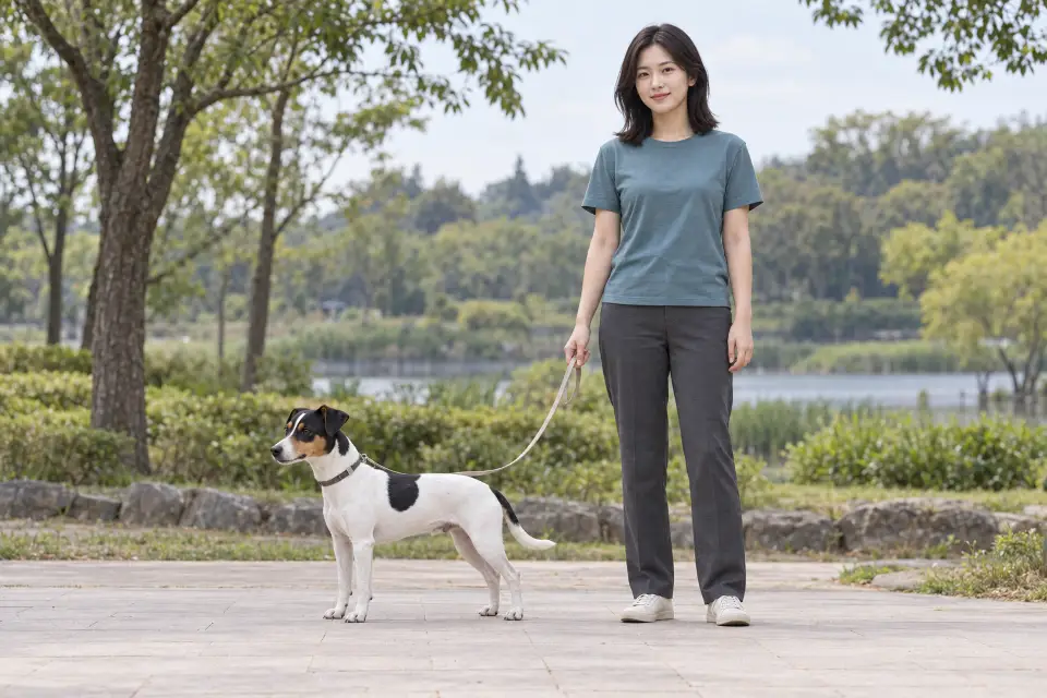 흰 바탕과 검정·황갈색 무늬, 끝이 접힌 귀를 가진 브라질리안 테리어가 보호자 옆에 네 발로 선 모습