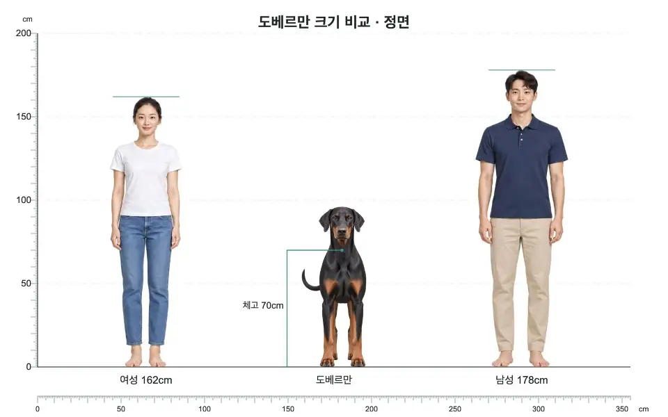 도베르만 정면 크기 비교: 여성 162cm, 개 체고 70cm, 남성 178cm
