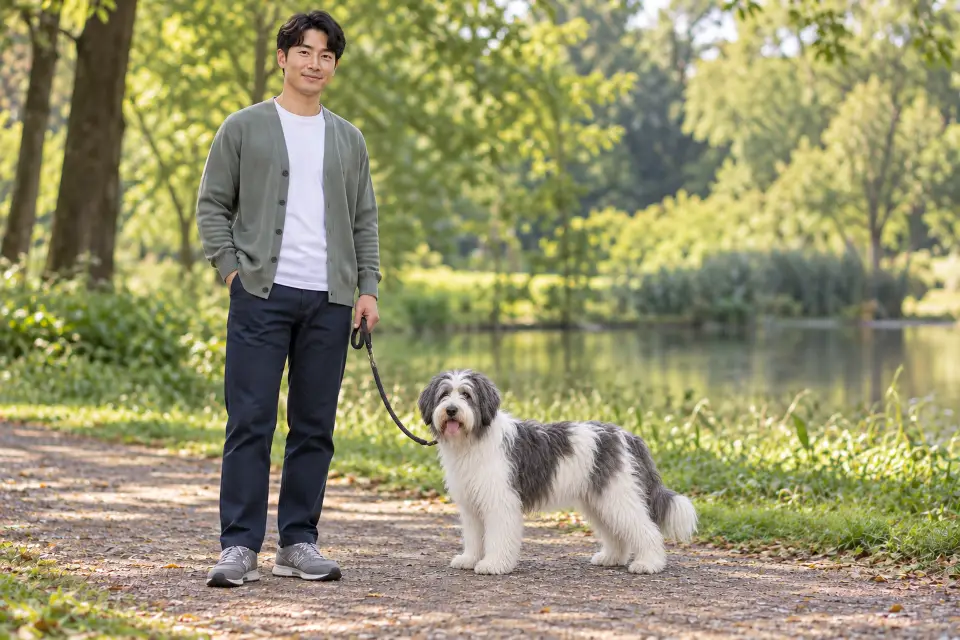 성인 보호자와 나란히 선 폴리시 로랜드 쉽도그의 중형 체격과 옆모습
