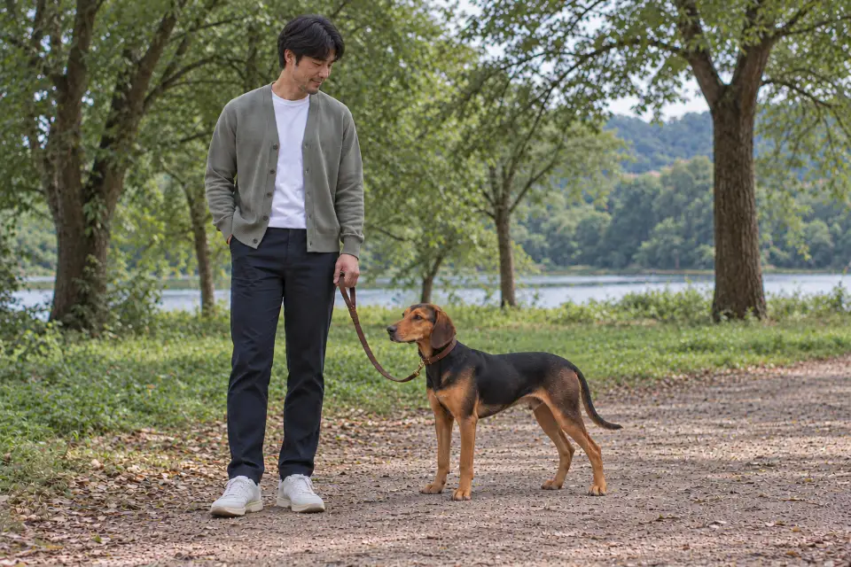 평평한 지면에서 성인 보호자와 나란히 선 검정과 황갈색 헬레닉 하운드 성견.