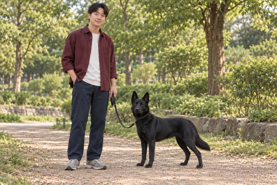 평평한 지면에서 성인 보호자와 나란히 선 오스트레일리안 켈피 성견의 옆모습.