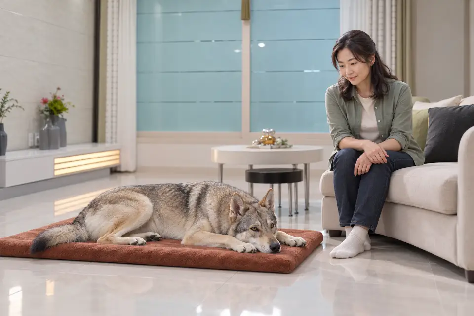 산책 뒤 넉넉한 쉼자리에서 편히 누운 울프도그와 조용히 살피는 보호자