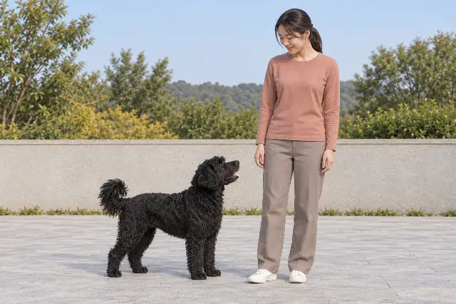 같은 지면에 나란히 선 성인 보호자와 검정 물결털 포르투기즈 워터 도그 성견의 전신