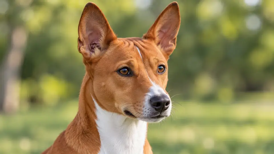 바센지의 곧게 선 귀와 이마 주름, 짧은 털을 가까이서 보여 주는 얼굴.
