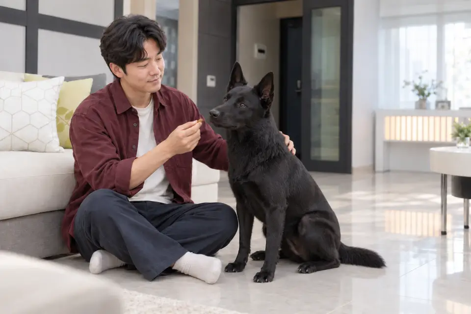 거실 소파 옆에서 보호자가 검정색 켈피의 어깨 주변 털을 가볍게 살핀다.