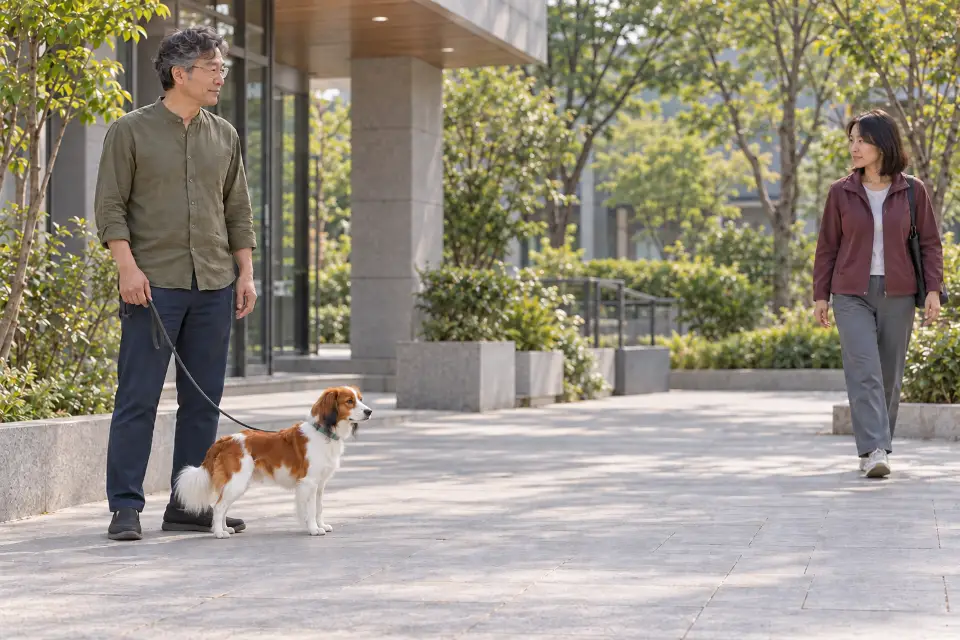 낯선 사람과 거리를 둔 채 열린 길 쪽에 서 있는 코이커혼제와 보호자