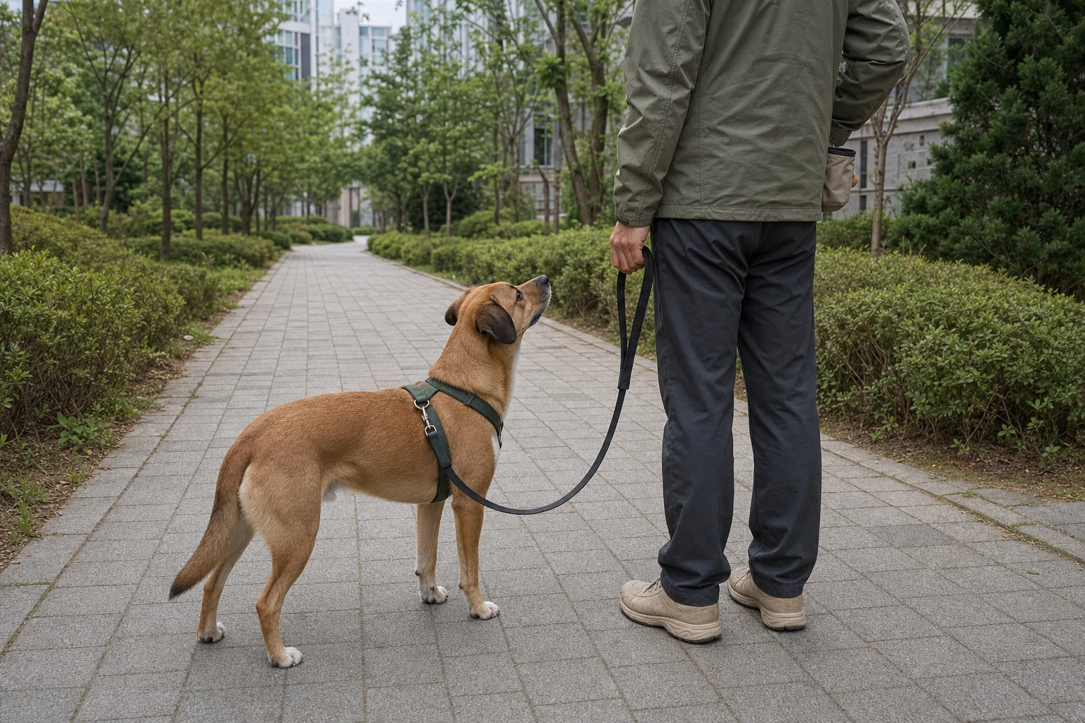 같은 산책로에서 황갈색 강아지가 보호자 곁에 서서 올려다보고 하네스에 연결된 줄이 느슨하게 처진 모습