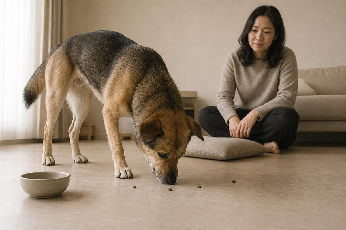 아파트 거실 바닥에 놓인 사료를 코로 찾는 강아지를 낮은 시점에서 관찰하는 보호자