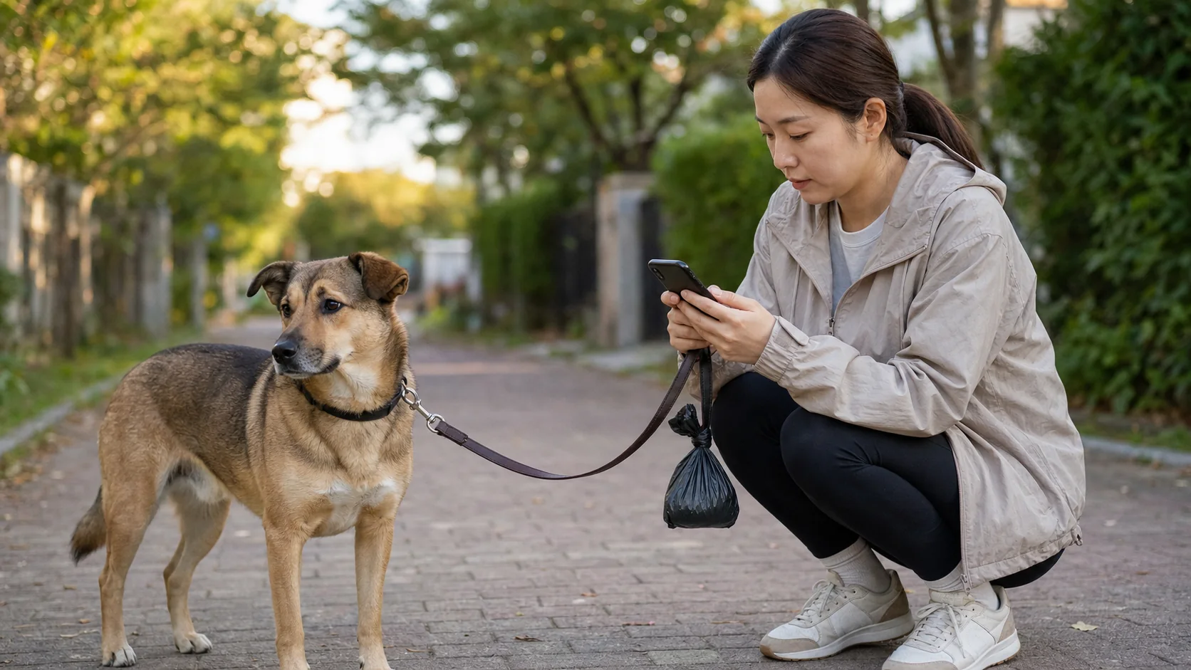 산책 중 반려견의 배변 상태를 휴대전화에 기록하는 보호자