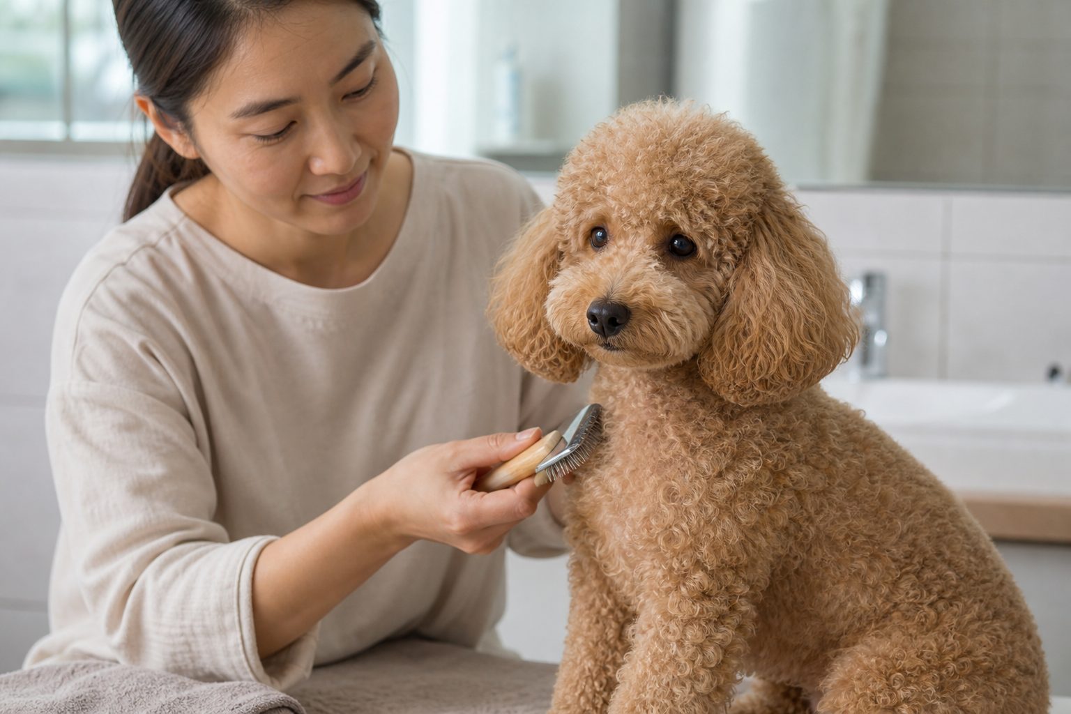 푸들의 피모를 빗질하는 이미지
