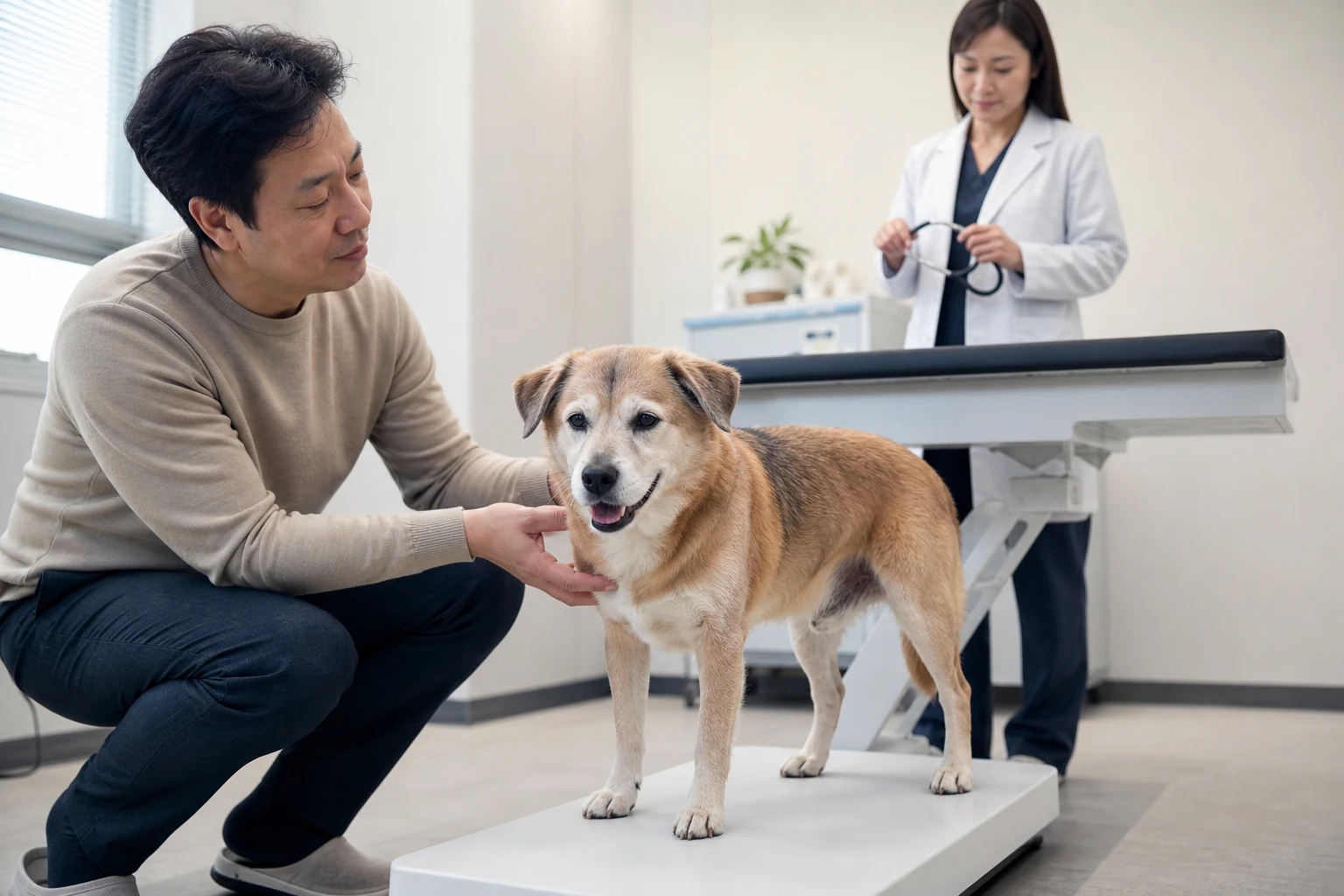 동물병원에서 노령견의 전신 상태를 차분히 확인하는 건강검진 준비 장면