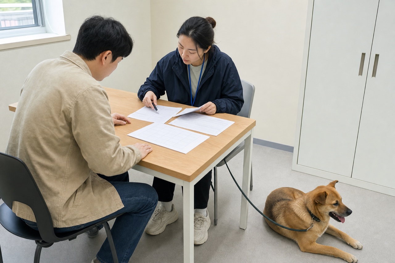 보호소 상담실에서 예비 보호자와 상담자가 행동·생활 기록을 함께 확인하고 곁에서 믹스견이 느슨한 리드줄로 쉬는 모습