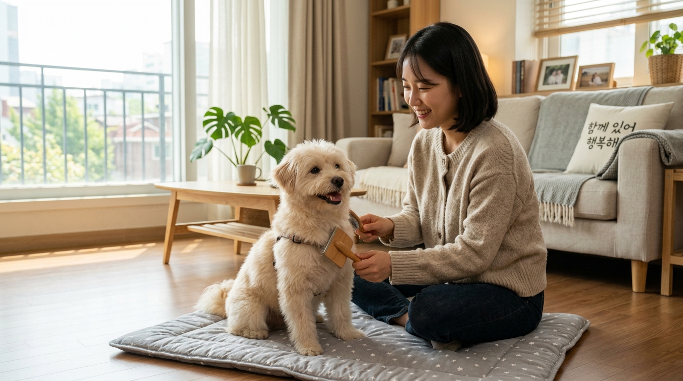 밝고 따뜻한 거실 매트 위에서 보호자가 부드러운 브러시로 반려견의 털을 편안하게 빗겨주는 홈케어 장면