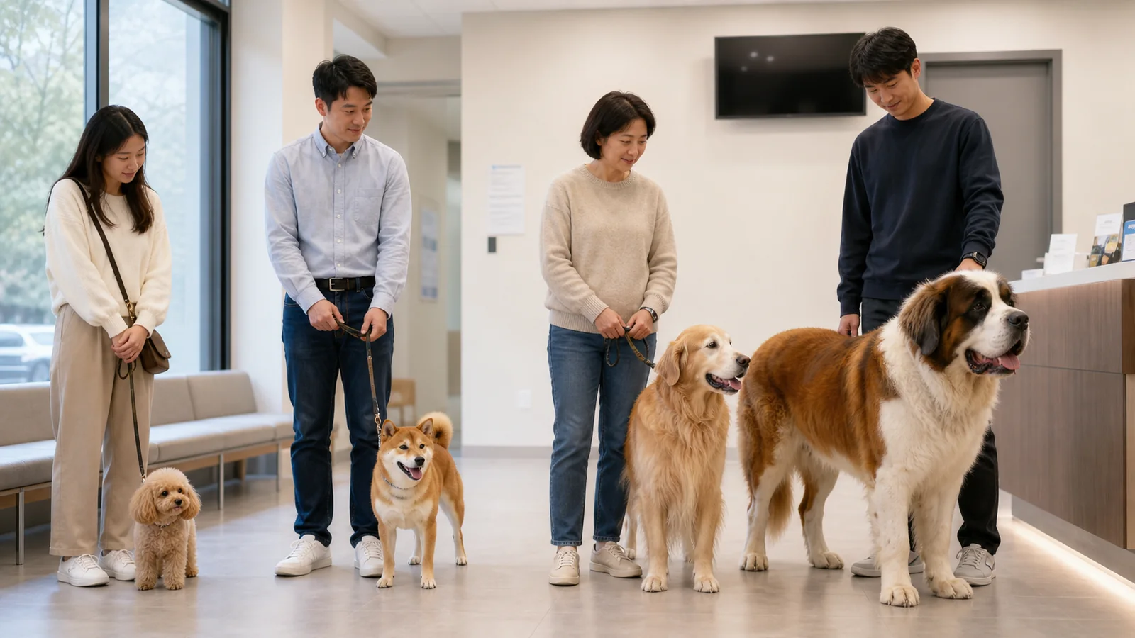 소형견부터 초대형견까지 체구 차이를 비교한 네 마리의 성견