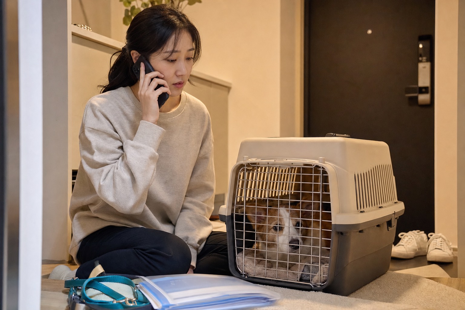 강아지의 응급 증상 여부를 확인하며 동물병원에 연락하는 보호자