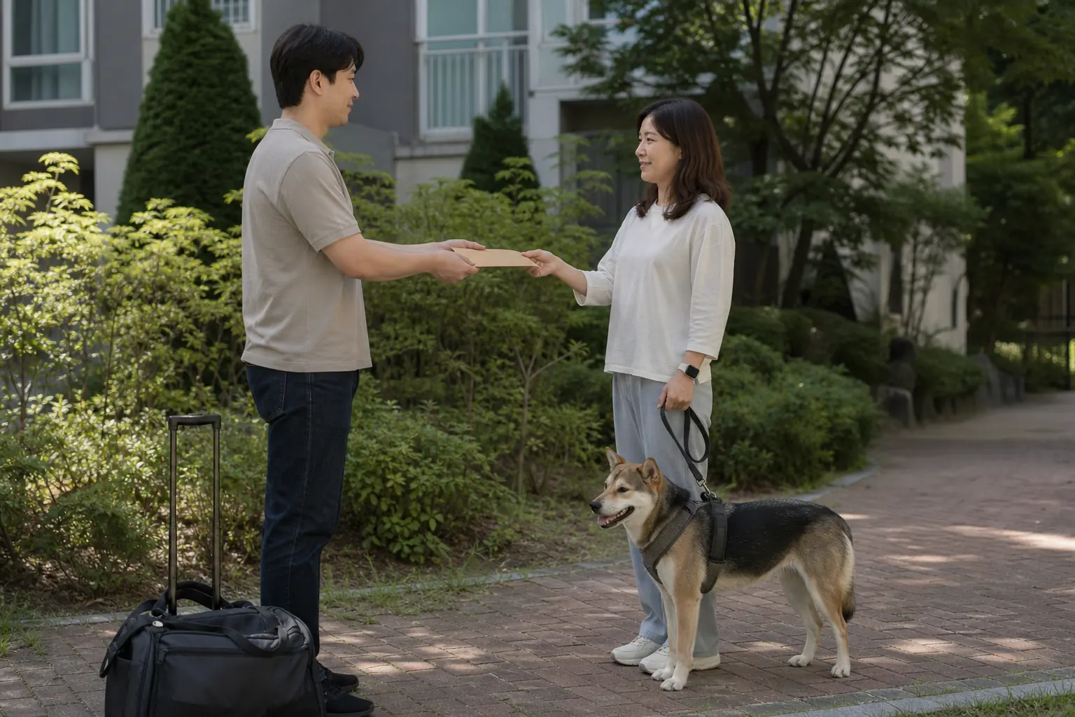 보호자가 대체 돌봄 담당자에게 강아지 정보와 돌봄을 인계하는 모습